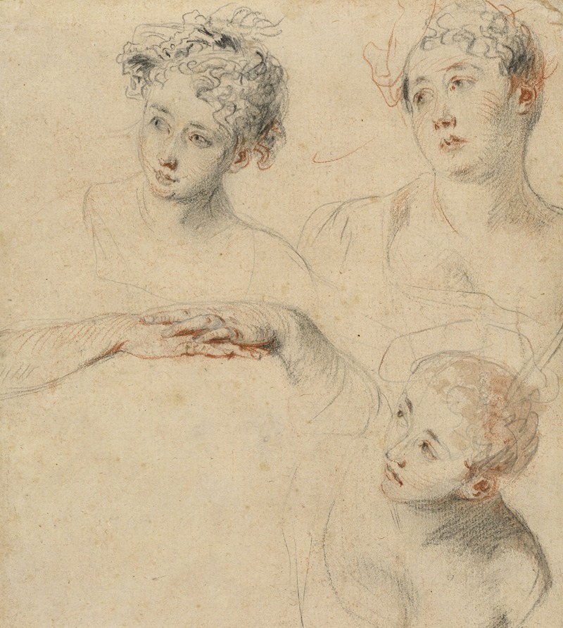 Jean-Antoine Watteau - Three Studies of a Woman’s Head and a Study of Hands (recto)