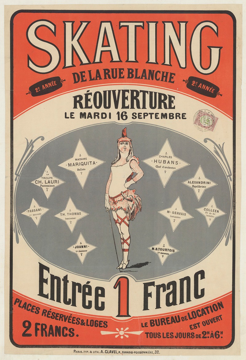 Imp. A. Clavel - Skating de la rue Blanche, 2 ème année, réouverture le mardi 16 septembre 1879