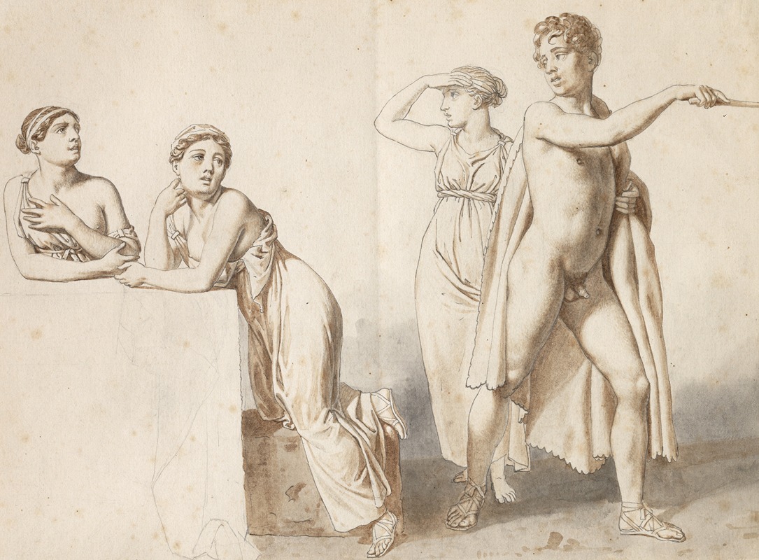 Christoffer Wilhelm Eckersberg - Fire studiefigurer, tre kvindelige og en mandlig i antikke dragter.