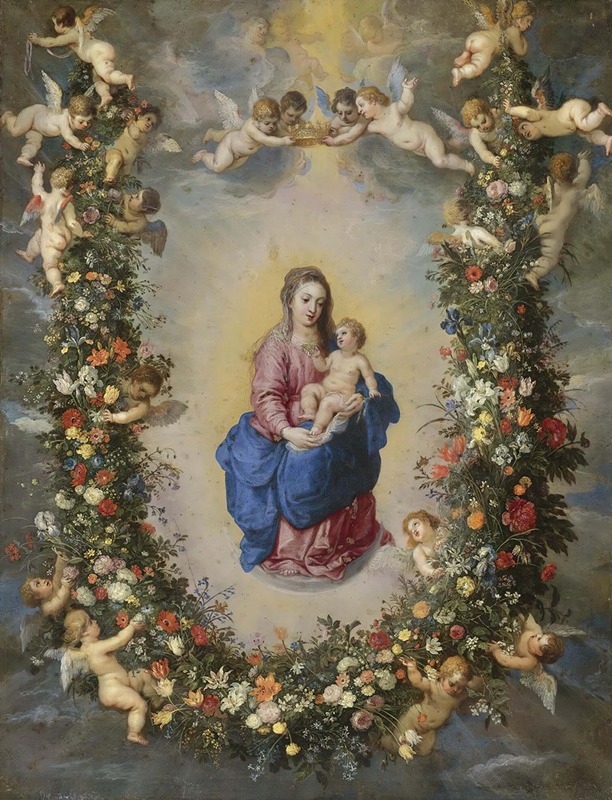 Jan Brueghel The Elder - The Virgin And Child Encircled By A Garland Of Flowers Held Aloft By cherubs