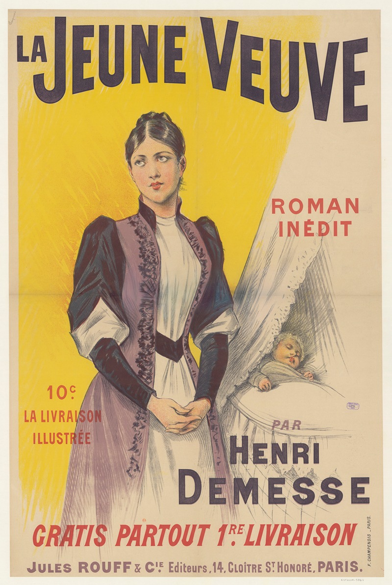Imp. F. Champenois - La jeune veuve. Roman inédit par Henri Demesse, 10c la livraison illustrée