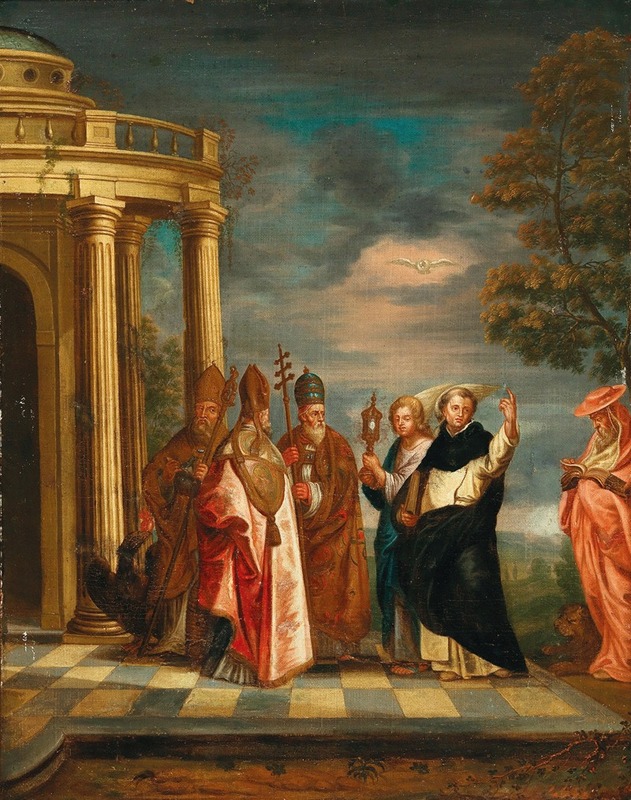 Erasmus De Bie - Saint Thomas Aquinas With Saints Ambrose, Augustine, Pope Gregory The Great And Jerome Contemplating The Blessed Sacrament