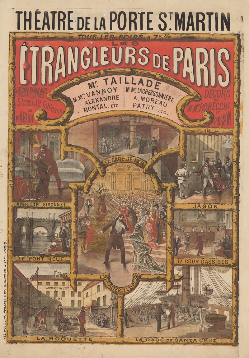 Imp. Romanet & Cie - Théâtre de la Porte St Martin… Les Etrangleurs de Paris. Drame populaire à grand spectacle en 5 actes et 12 tableaux de Mr. A.Belot