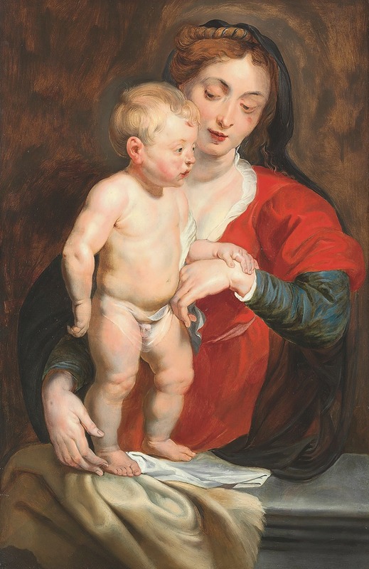 Follower of Peter Paul Rubens - The Virgin Supporting The Christ Child On A Parapet