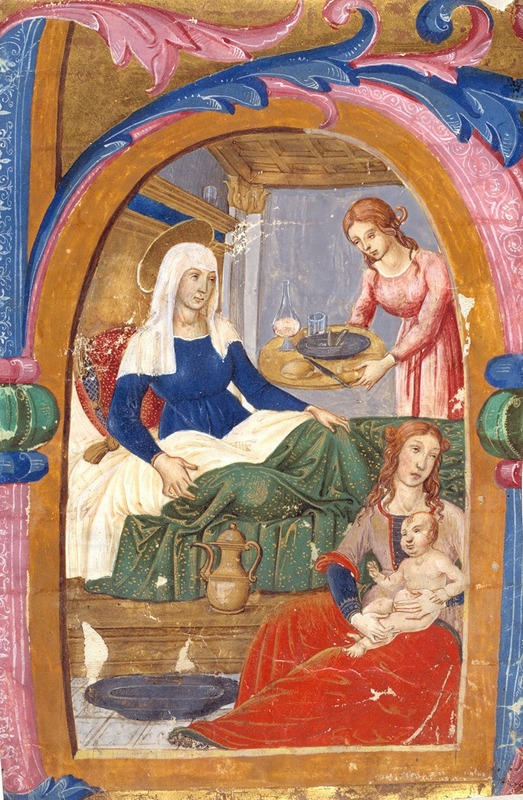 Domenico Ghirlandaio - The birth of the Virgin in an initial H