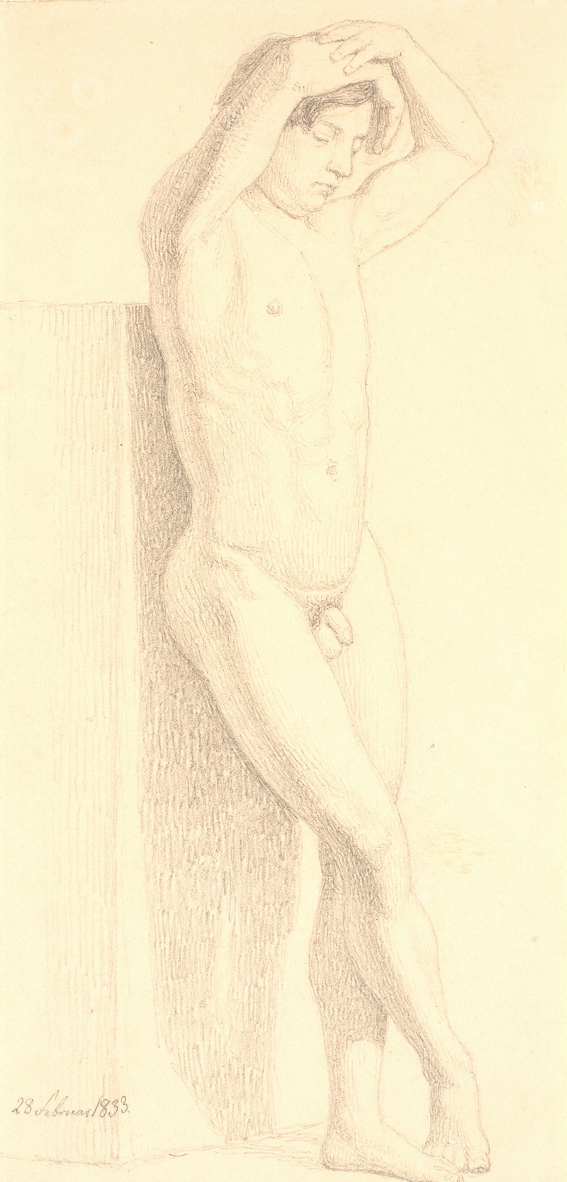 Christen Købke - Stående mandlig model med armene samlet over hovedet. Vendt mod højre
