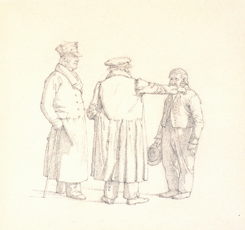 Christen Købke - Tre personer i samtale; rygvendt i midten bagermester Købke, t.v. major Krohn og t.h. slavesergent Sprøch