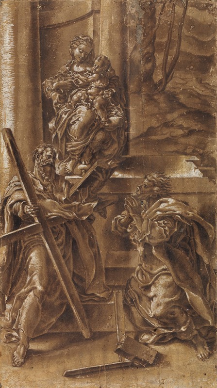 Lelio Orsi - Madonna med barnet samt apostlen Andreas (t.v.) og den hellige Judas (t.h.)