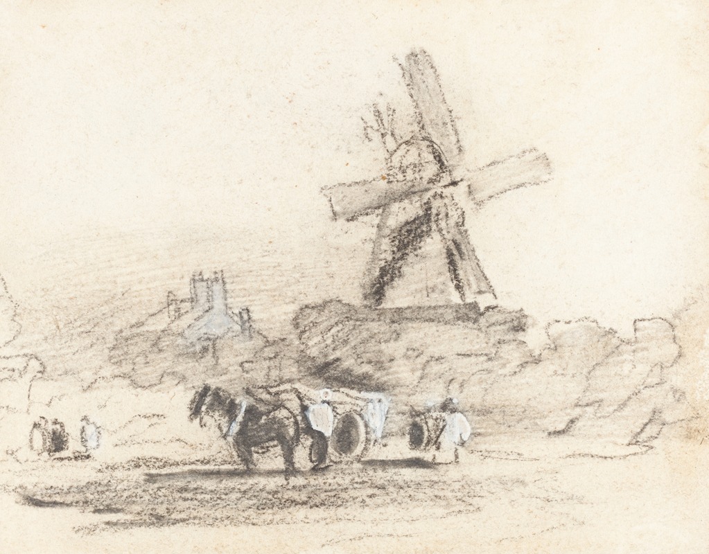 David Cox - A Cart with Two Horses near a Windmill