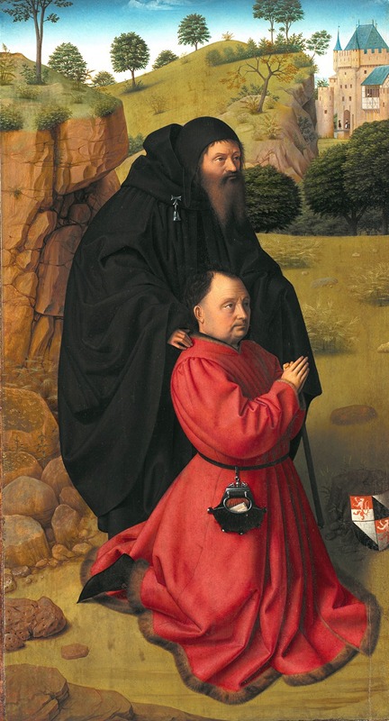 Petrus Christus - Altar Panel with a Portrait of a Donor in Scarlet under the Protection of St Anthony