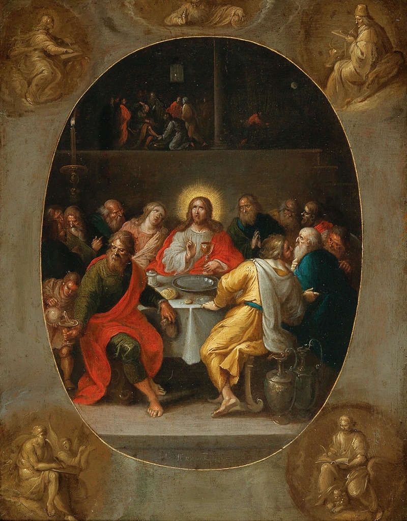 Frans Francken the Younger - The Last Supper (in a painted oval), Godfather and the Four Evangelists (painted en grisaille in the corners)