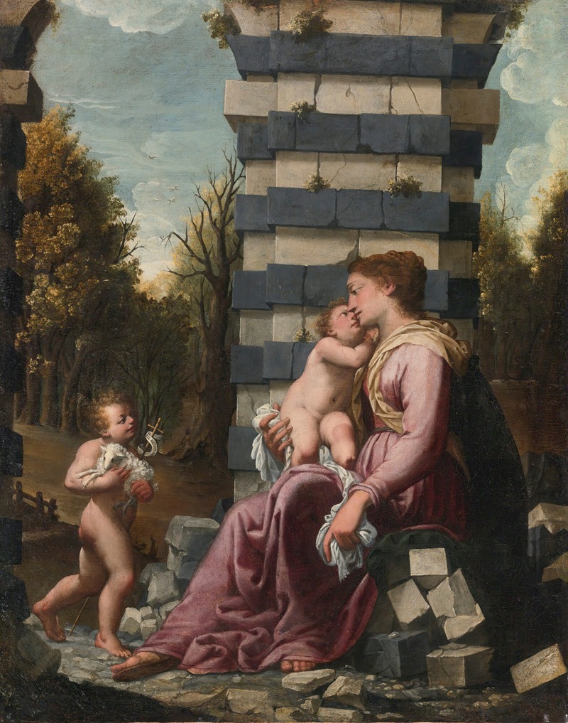 North Italian School - MADONNA AND CHILD WITH THE INFANT SAINT JOHN THE BAPTIST, AMONG ARCHITECTURAL RUINS, A LANDSCAPE BEYOND