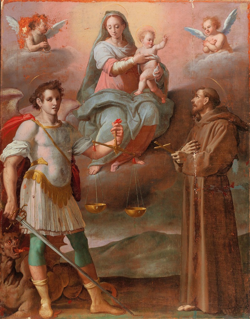 Workshop of Santi di Tito - Madonna and Child between the Archangel Michael and Saint Francis