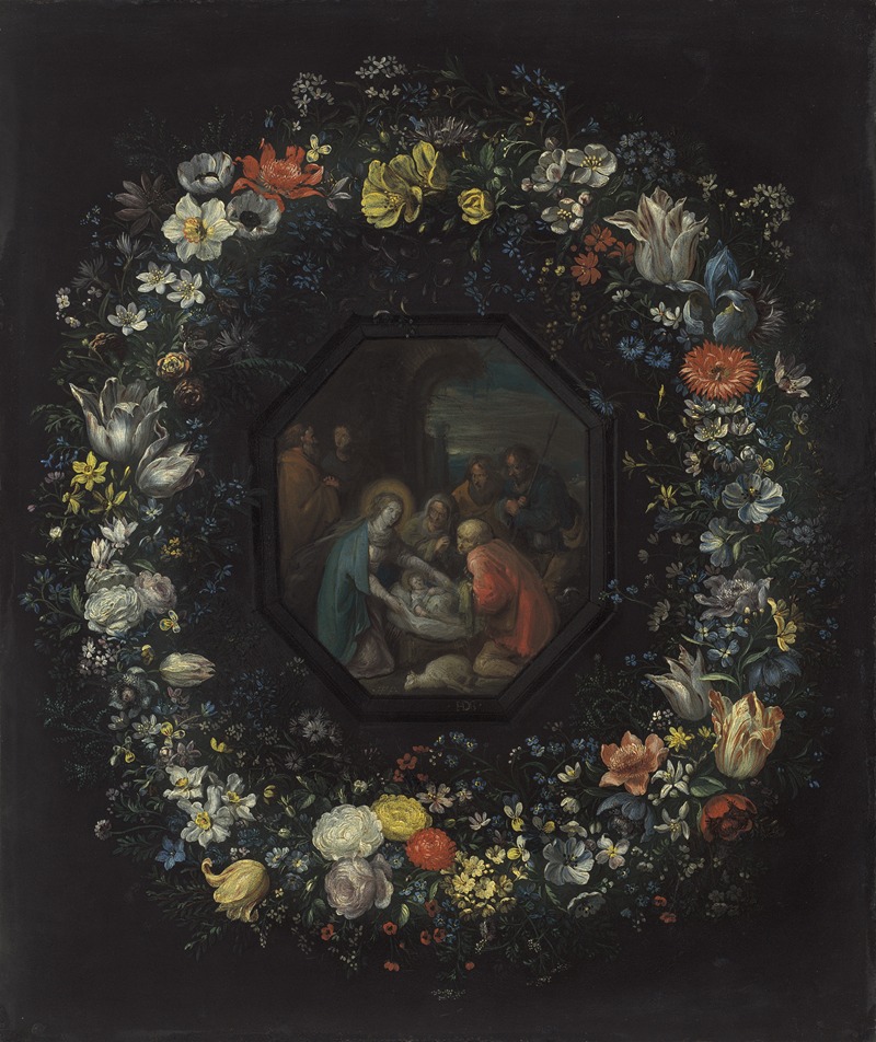 Frans Francken the Younger - Garland of Flowers with Adoration of the Shepherds