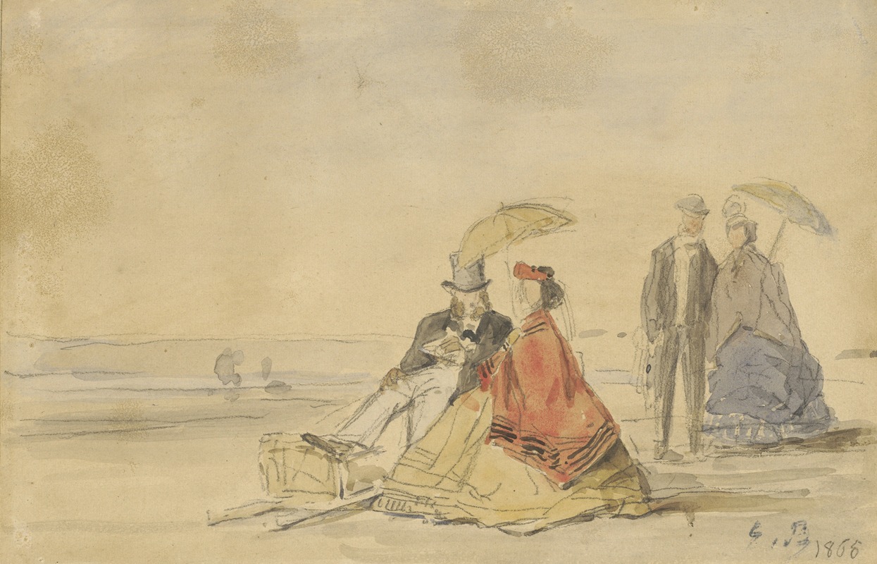 Eugène Boudin - A Couple Seated and a Couple Walking on the Beach