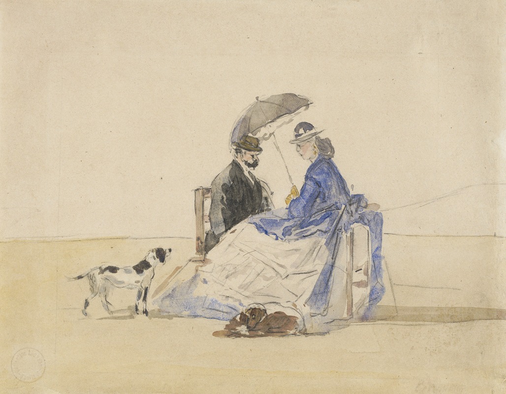 Eugène Boudin - A Couple Seated on the Beach with Two Dogs
