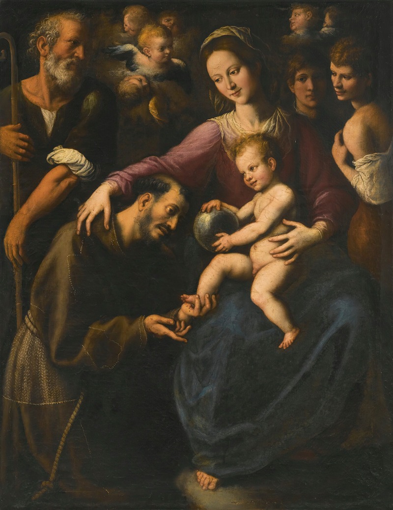 Fabrizio Santafede - The Holy Family With Saint Francis Of Assisi Adoring The Christ Child, With Two Youths And Angels Above
