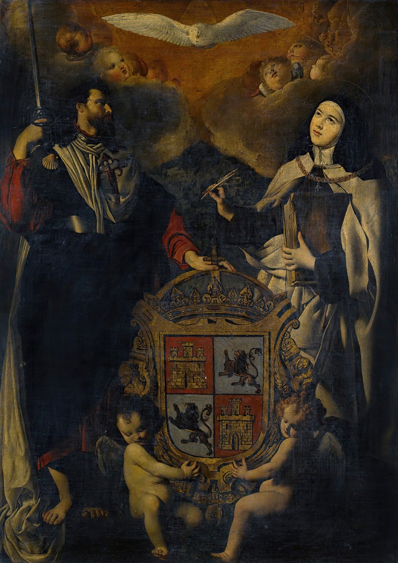School Of Madrid - Saint James The Greater With Saint Teresa Of Avila, The Coat Of Arms Of Castile And León Between Them