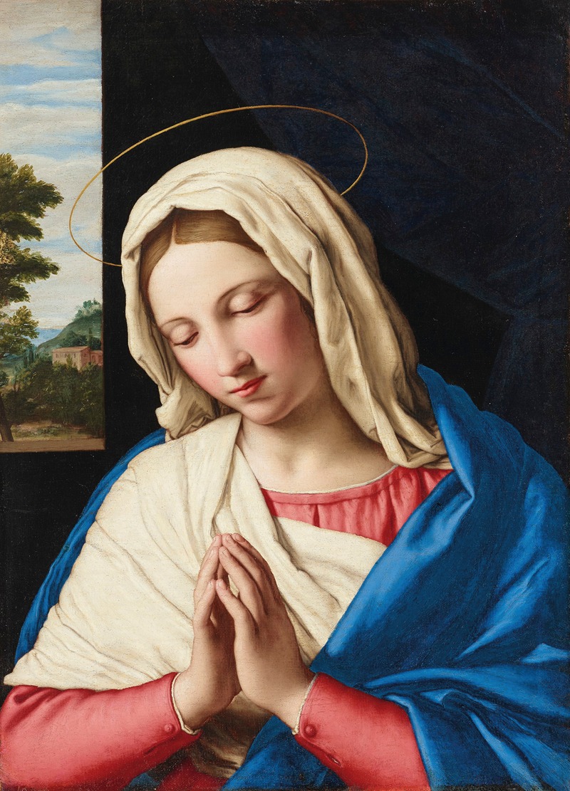 Giovanni Battista Salvi da Sassoferrato - The Madonna at prayer, a landscape beyond