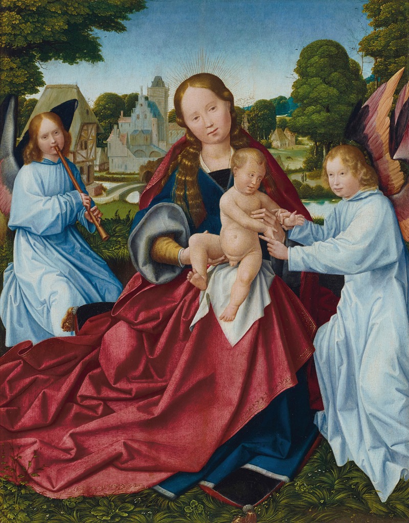 Jan Provost - The Virgin and Child with angels in a landscape, a village beyond
