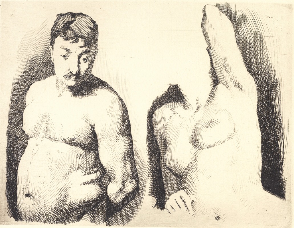 Frans Schwartz - Prøveplade med to studier efter nøgen mandlig og kvindelig model i halvfigur