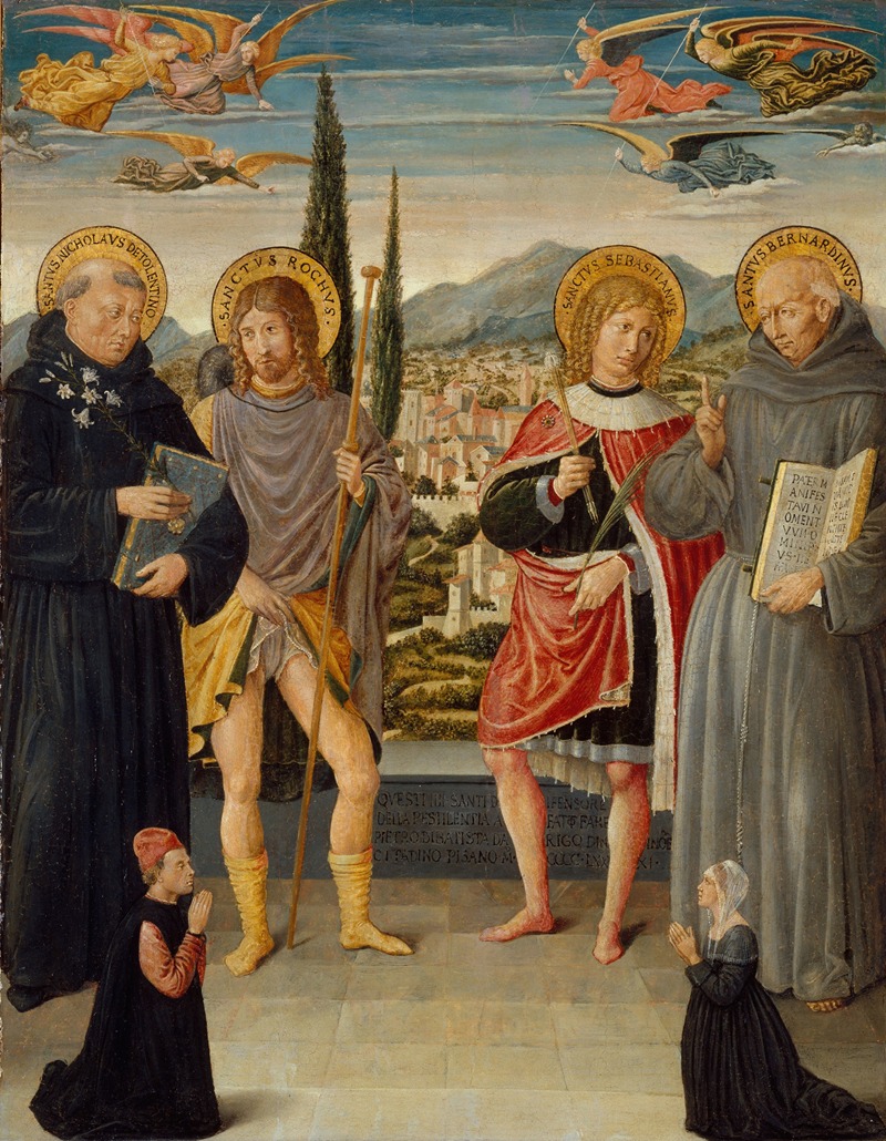 Benozzo Gozzoli - Saints Nicholas of Tolentino, Roch, Sebastian, and Bernardino of Siena, with Kneeling Donors