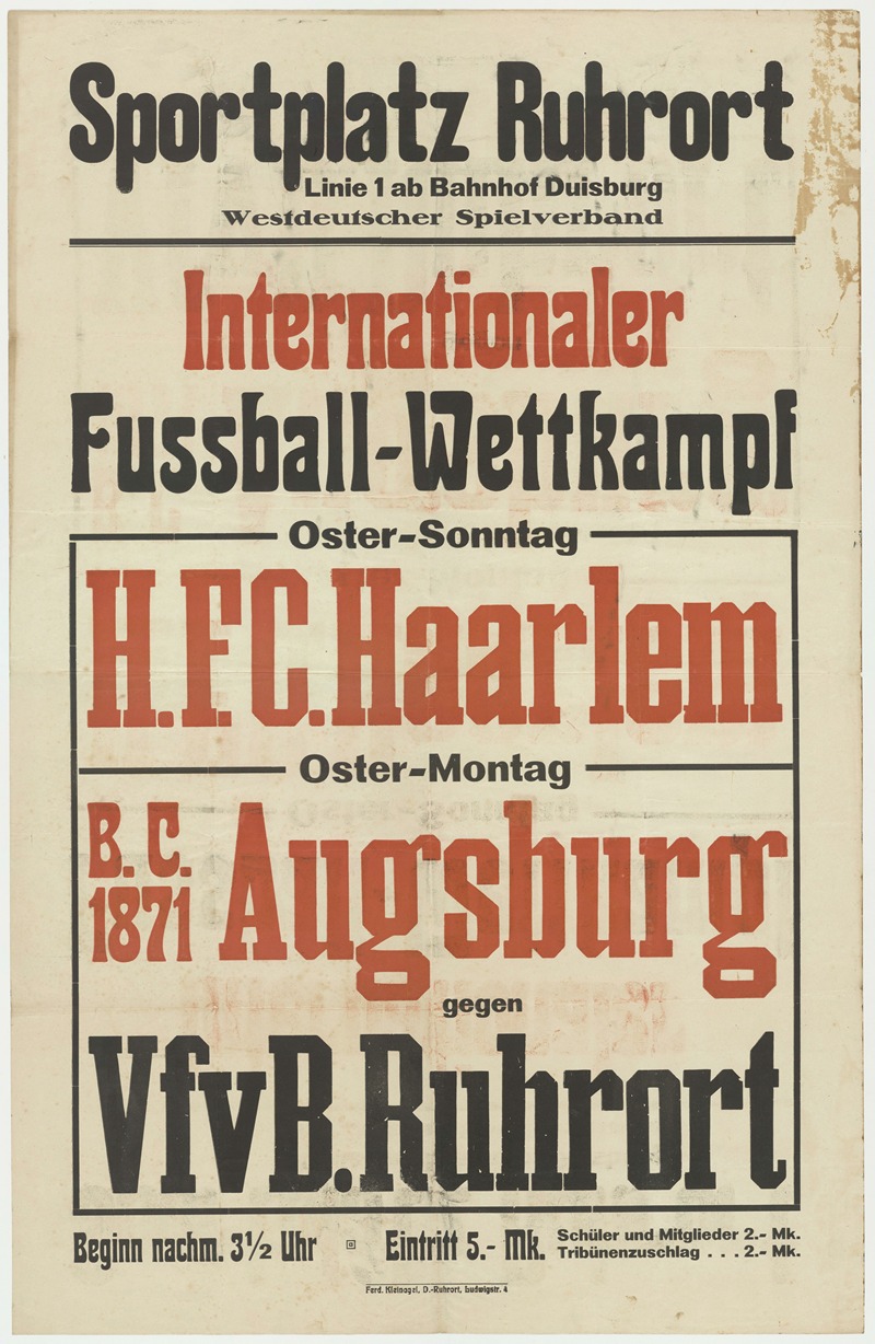 Anonymous - Internationaler Fussball-Wettkampf H.F.C. Haarlem, B.C. Augsburg, VfvB. Ruhrort