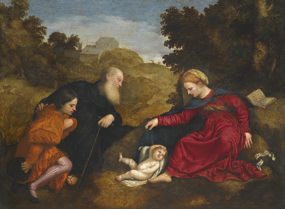 Paris Bordone - Madonna And Child With St Anthony Abbot And A Young Male Donor
