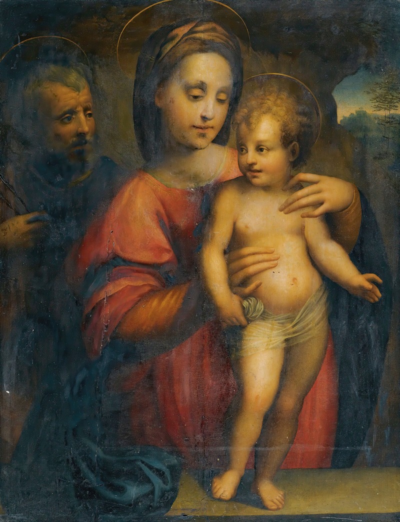 Domenico Puligo - Holy Family, With The Madonna Supporting The Standing Christ Child On A Stone Ledge