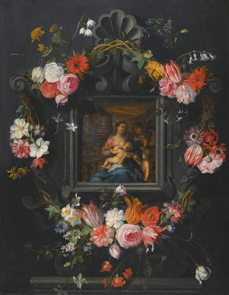 Jan Brueghel the Younger - A Garland Of Flowers Surrounding The Virgin And Child