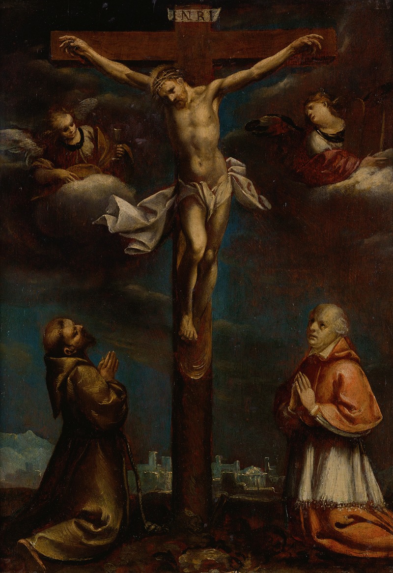 Lombard School - The Crucifixion With St Francis, A Cardinal And Two Angels