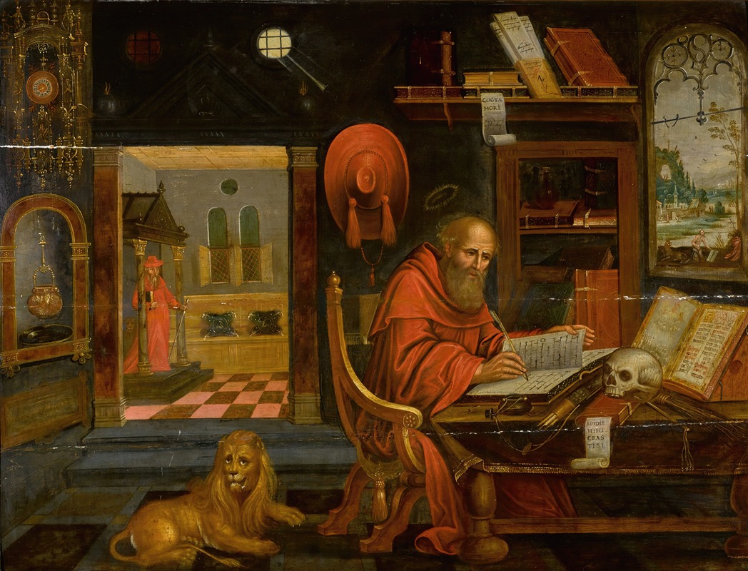 Antwerp School - Saint Jerome in his study, with the lion