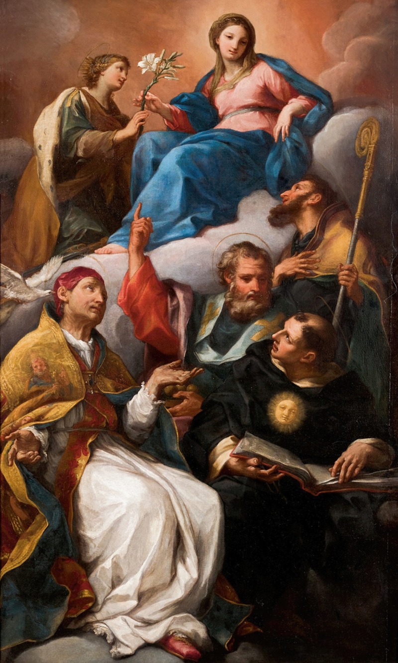 Circle Of Carlo Maratta - The Virgin of the Immaculate Conception with Saints Catherine of Alexandria, Augustine of Hippo, Nicholas of Bari, Nicholas of Tolentino and Gregory the Great