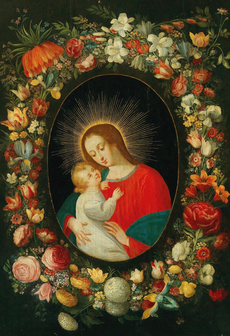 Jan Brueghel the Younger - The Virgin and Child in a cartouche surrounded by a garland of flowers