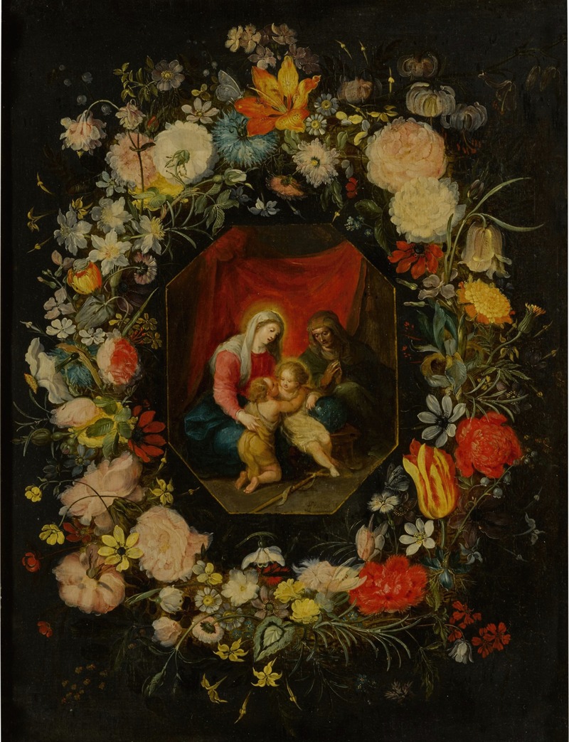 Jan Brueghel the Younger - Madonna and Child with St. Anne and St. John the Baptist, surrounded by a flower garland