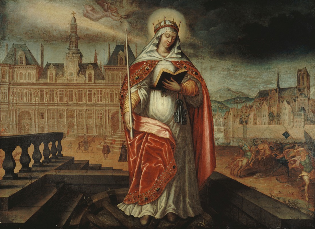 Anonymous - Sainte Geneviève, patronne de Paris, devant l’Hôtel de Ville; à droite, les Huns repoussés