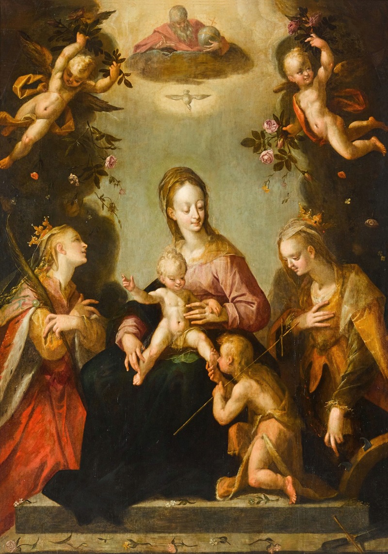 Pieter Fransz. Isaacsz. - Madonna and Child with the infant Saint John the Baptist, Saint Catherine of Alexandria, another female martyr saint, and God the Father