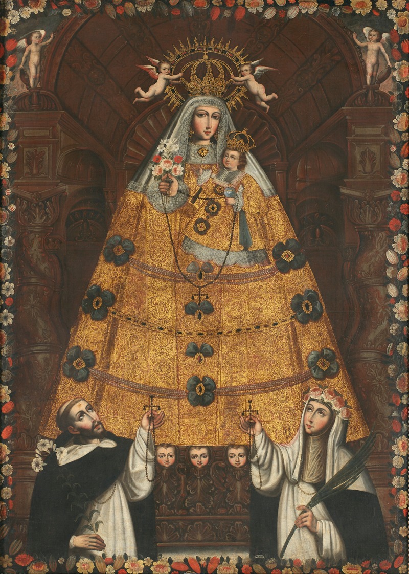 Cusco School - Our Lady of the Rosary with Saint Dominic and Saint Rose