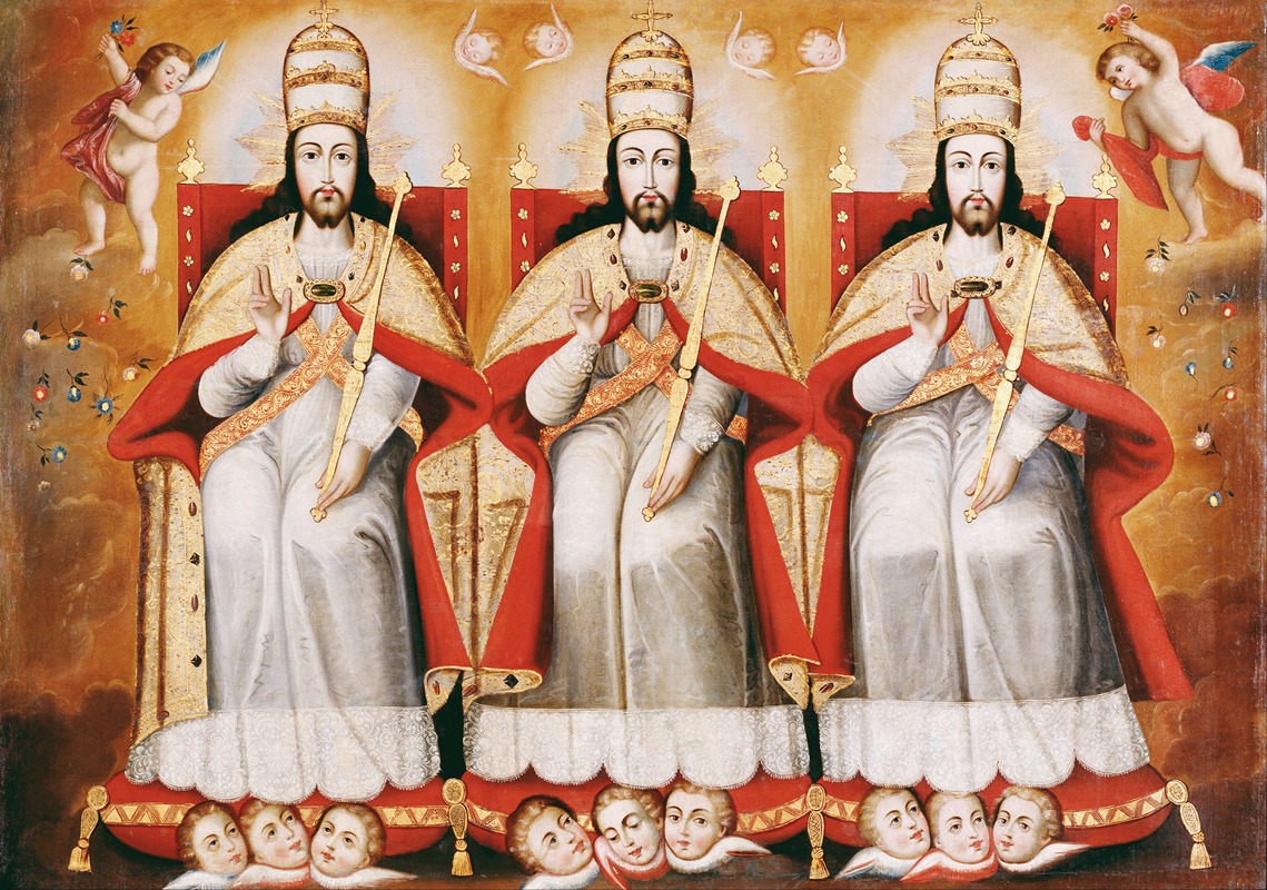 Cusco School - The Enthroned Trinity as Three Identical Figures