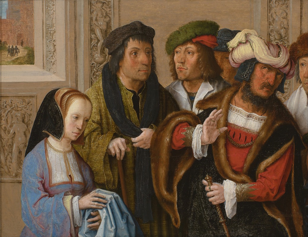 Lucas Van Leyden - Potiphar’s wife shows her husband Joseph’s cloak. In the background; Joseph being taken to prison