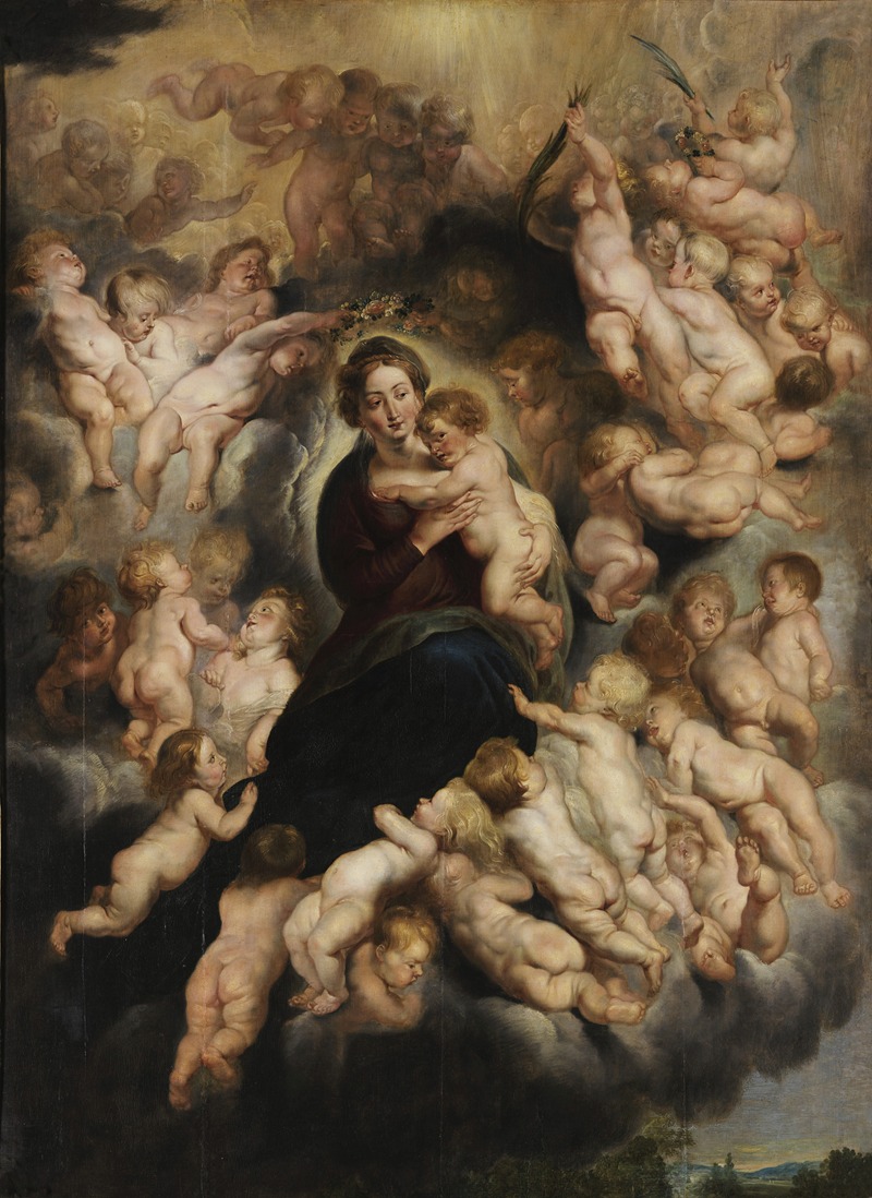 Follower of Peter Paul Rubens - Maria mit Kind im Engelskranz