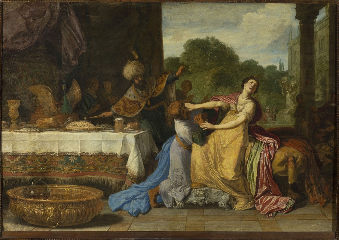 Pieter Lastman - Haman begging the mercy of Esther (Esther 7-6-7)