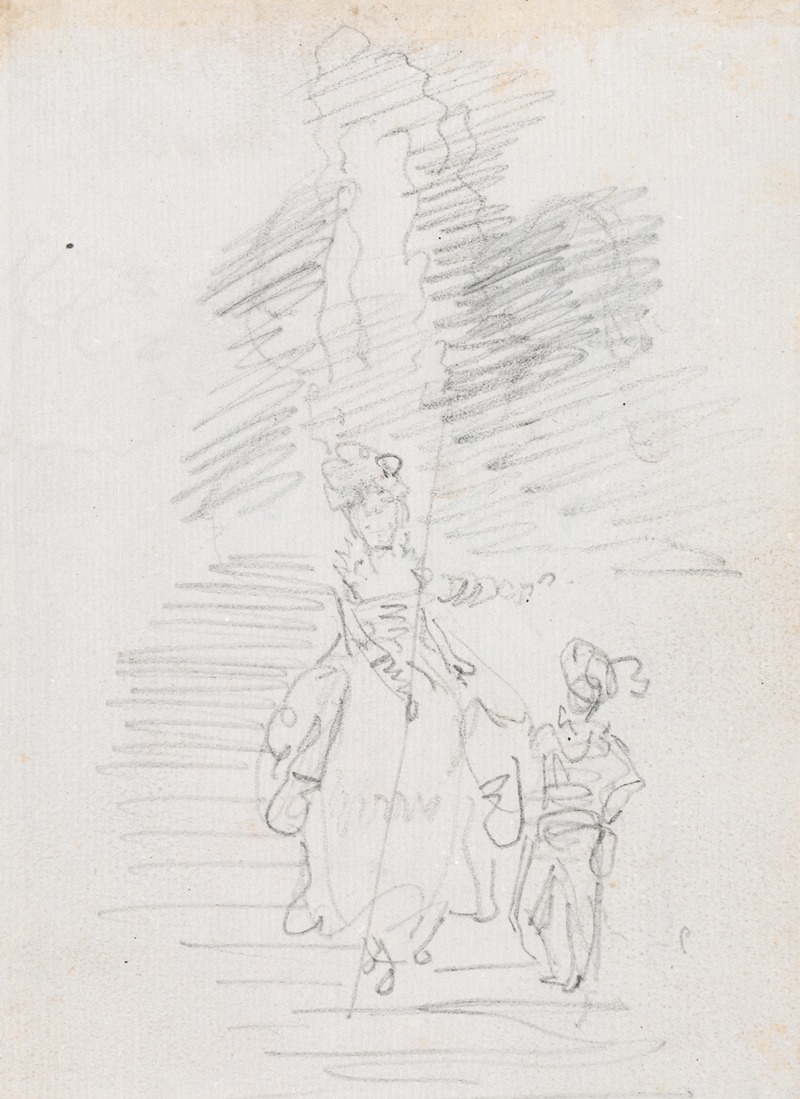 Hubert Robert - Woman and Smaller Male Figure on Grand Stairway (recto)