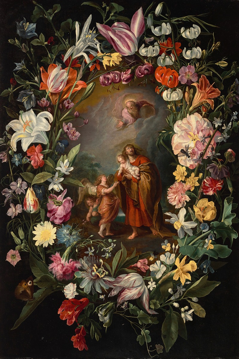Frans Francken the Younger - Saint John carrying the Christ Child with God the Father and angels surrounded by a garland of flowers