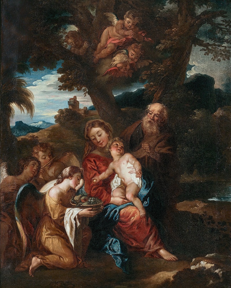 Charles De La Fosse - La Sainte Famille pendant la fuite en Egypte servie par les anges