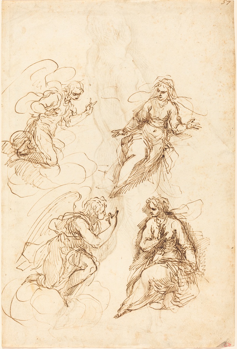 Jacopo Palma il Giovane - Studies for an Annunciation (recto)