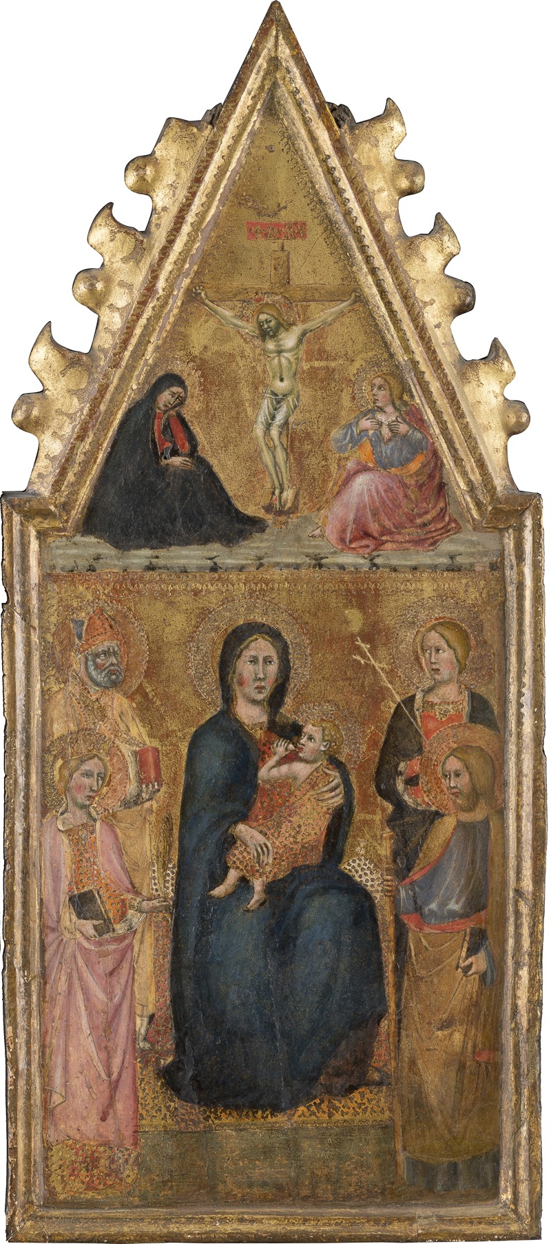 Cristoforo di Bindoccio - Enthroned Madonna with Child and four saints, above the Crucifixion with Mary and John Ev.