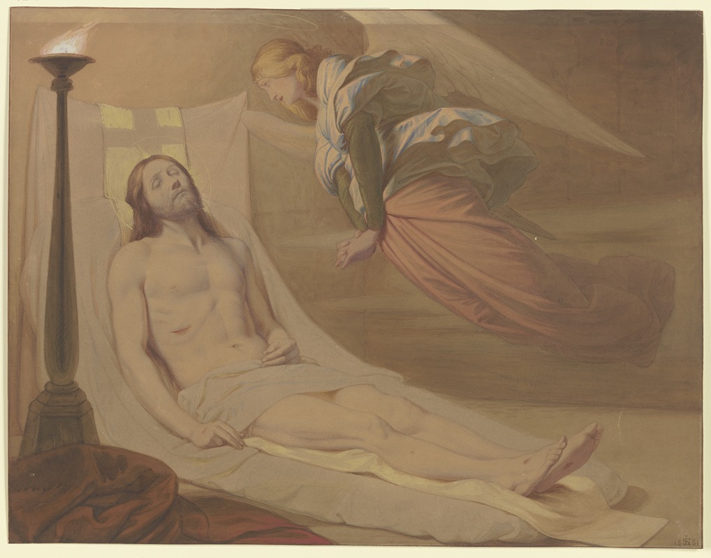 Eduard von Steinle - Christus im Grab, über ihm schwebend ein trauernder Engel