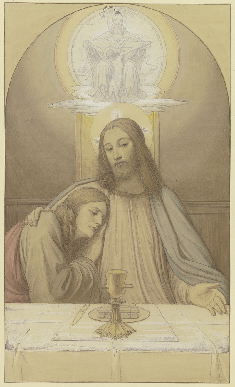 Eduard von Steinle - Christus mit dem Lieblingsjünger Johannes, Halbfiguren am Tisch des letzten Abendmahles, über ihnen die Dreifaltigkeit