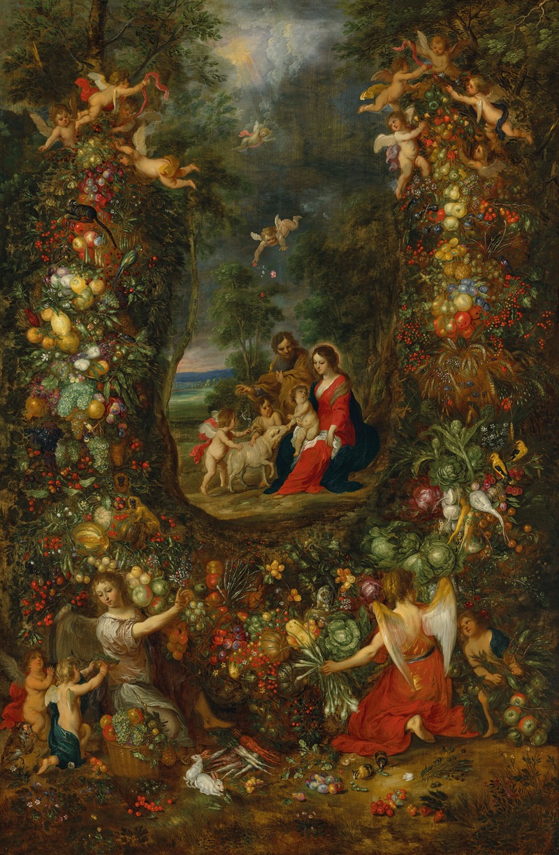 Jan Brueghel the Younger - The Holy Family surrounded by a garland of fruit supported by putti